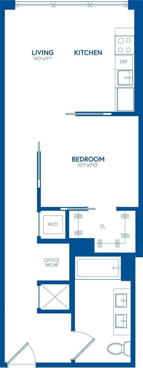Floor plan for 1 bed, 1 bath, 601 sqft